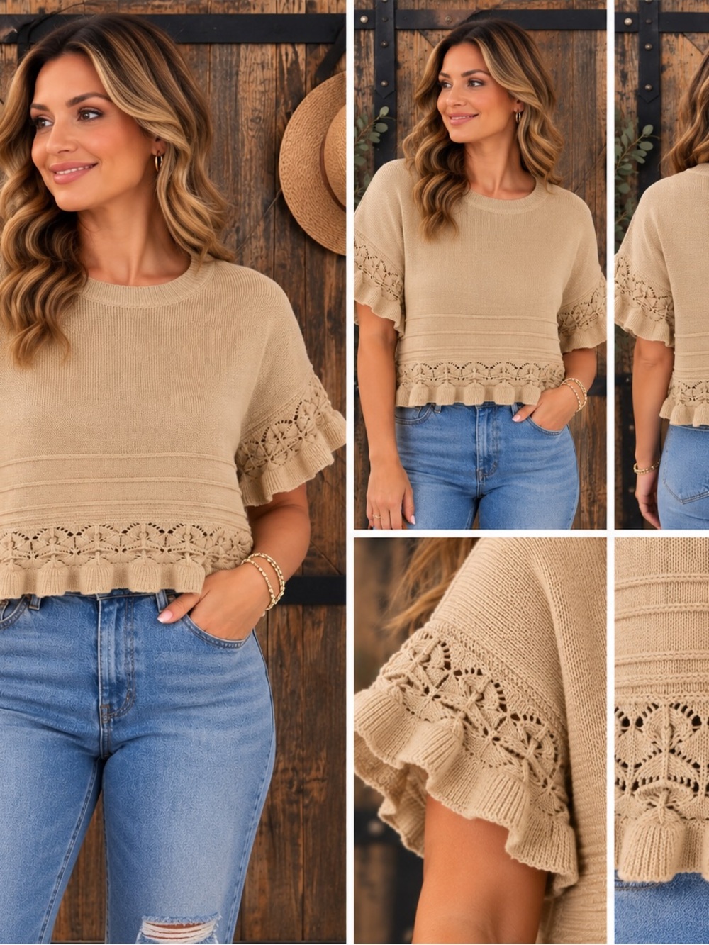Crochet-Trim Short Sleeve Scoop Neck Sweater - Beige